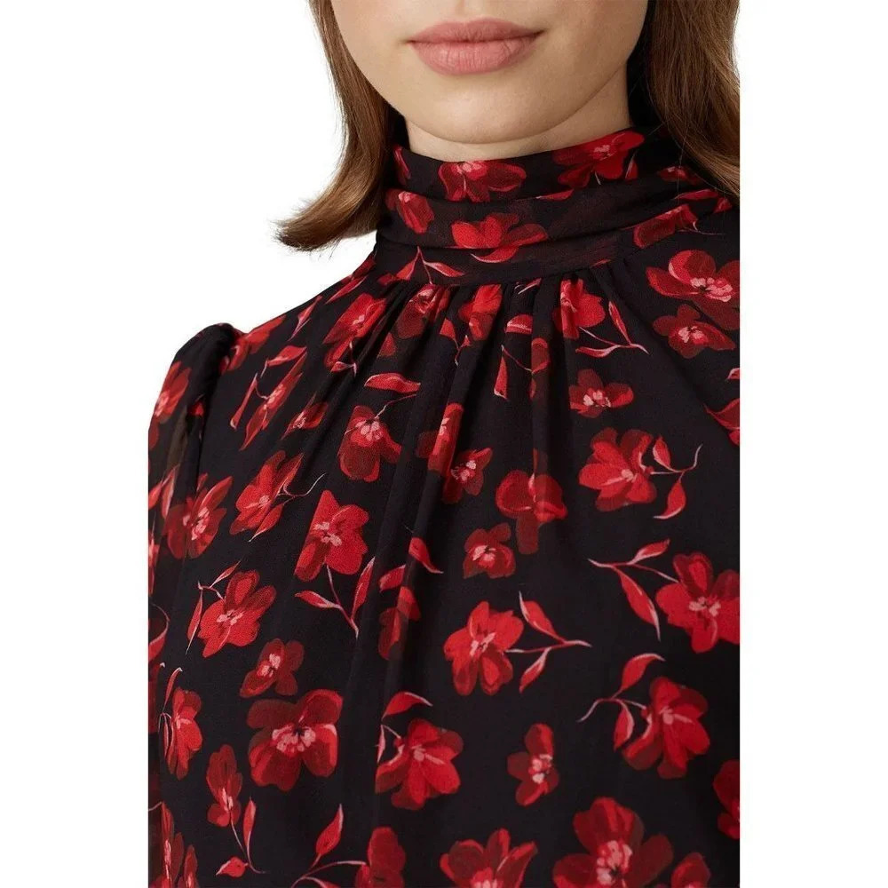 Badgley Mischka Black Red Floral High Neck Sheath Dress $495 - Picture 4 of 14